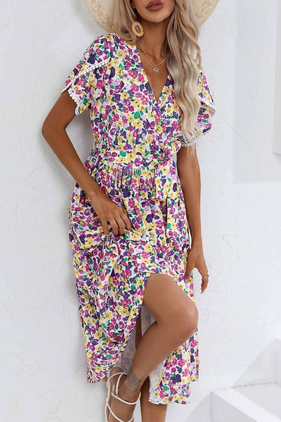 Wrap V Neck Tulip Sleeves Maxi Floral Dress ZZKF1015