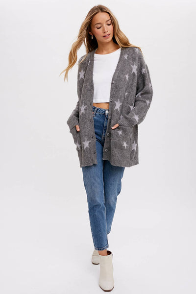 BLUIVY STAR PATTERN BUTTON FRONT CARDIGAN - Dropped Shoulder Design