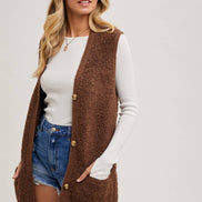 BLUIVY BUTTON DOWN V-NECK TEDDY KNIT LONG LINED VEST