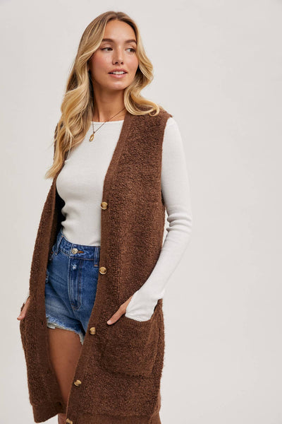 BLUIVY BUTTON DOWN V-NECK TEDDY KNIT LONG LINED VEST