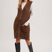 BLUIVY BUTTON DOWN V-NECK TEDDY KNIT LONG LINED VEST