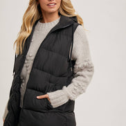 BLUIVY HOODED ZIPPER DOWN LONGLINE PUFFER VEST