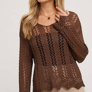OPEN KNIT V-NECK PULLOVER - Scalloped Hem