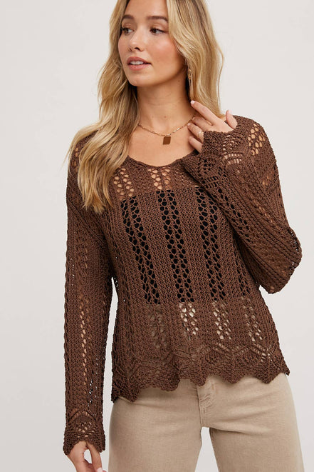 OPEN KNIT V-NECK PULLOVER - Scalloped Hem