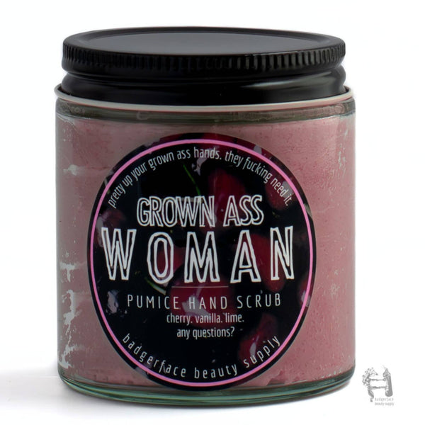 Badgerface Grown Ass Woman Hand Scrub. Cute Gift for Gardeners.