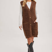 BLUIVY BUTTON DOWN V-NECK TEDDY KNIT LONG LINED VEST