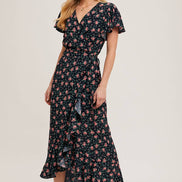 FLORAL PRINT RUFFLED HEM WRAP MAXI DRESS