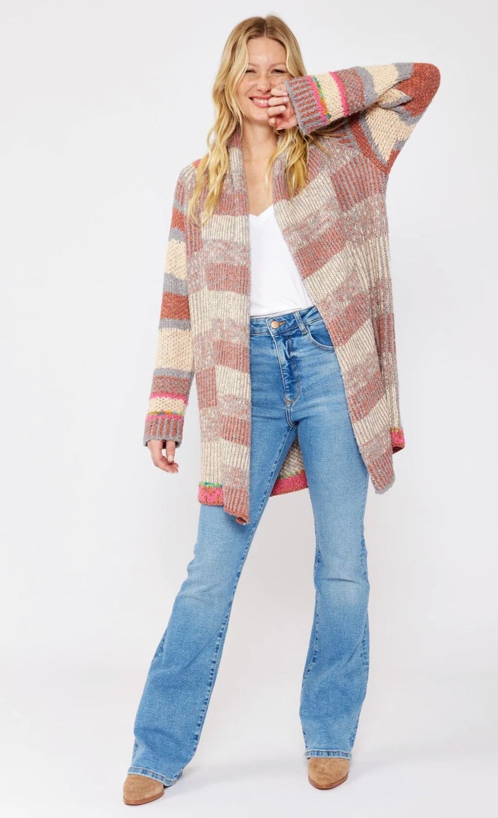 LOVESTITCH COZY CANYON HEATHERED STRIPE CHUNKY COATIGAN