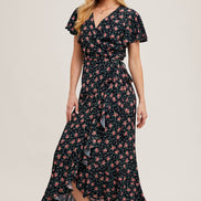 FLORAL PRINT RUFFLED HEM WRAP MAXI DRESS