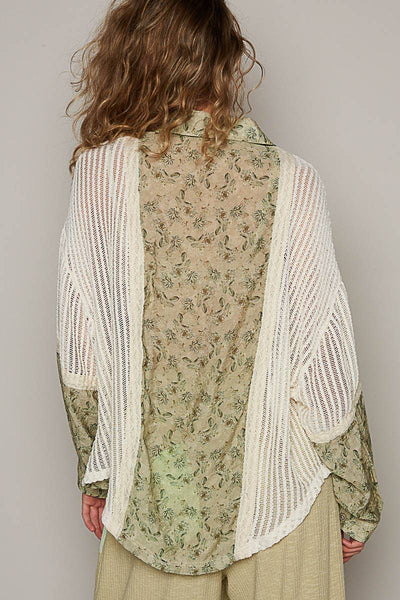 POL Oversize long sleeve floral print crochet button down shirt