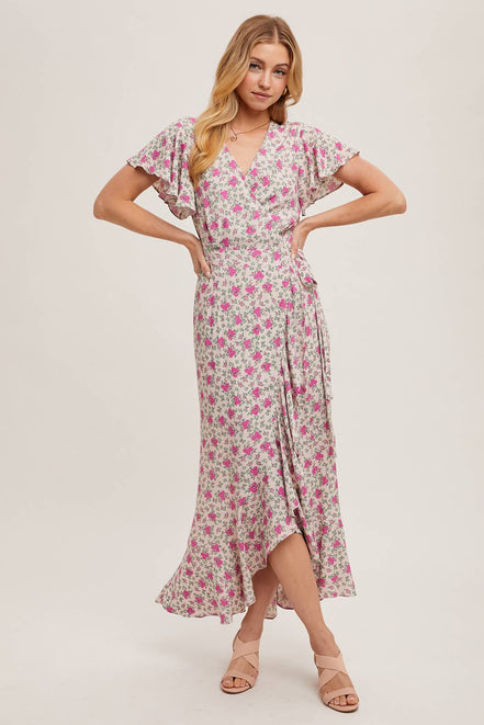 FLORAL PRINT RUFFLED HEM WRAP MAXI DRESS