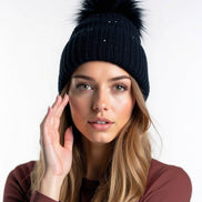 Sequin Knit Beanie with Detachable Faux Fur Pom-Pom