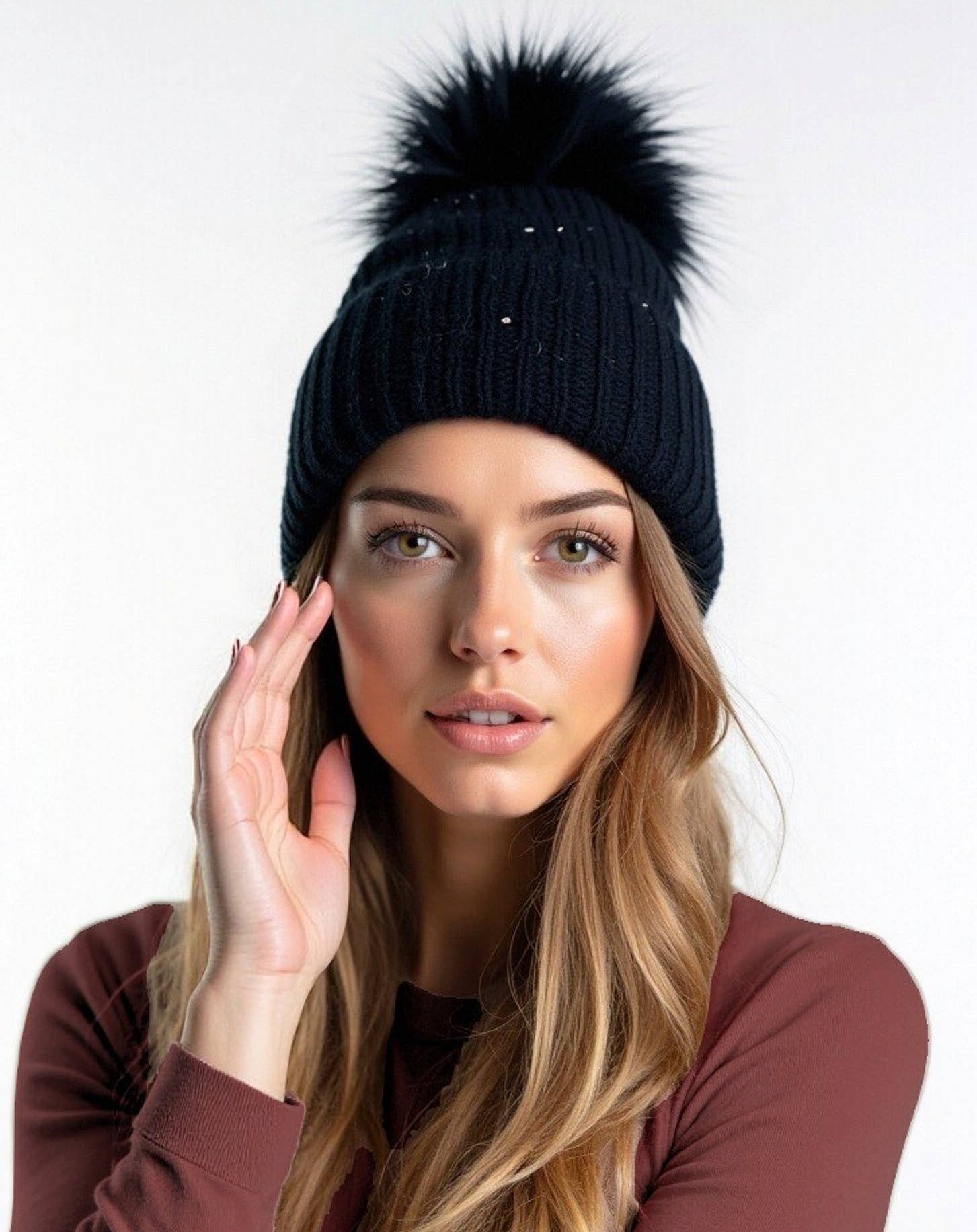 Sequin Knit Beanie with Detachable Faux Fur Pom-Pom