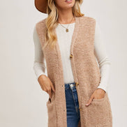 BLUIVY BUTTON DOWN V-NECK TEDDY KNIT LONG LINED VEST