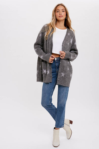 BLUIVY STAR PATTERN BUTTON FRONT CARDIGAN - Dropped Shoulder Design