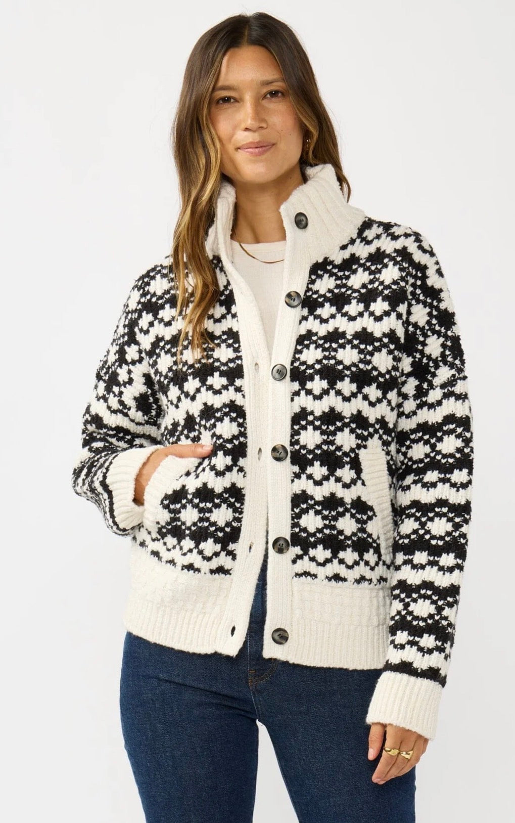 LOVESTITCH GEO PATTERN BUTTON DOWN SWEATER JACKET W/ POCKETS