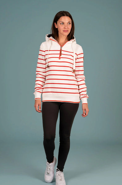 WANAKOME Women's Edwina Striped Hoodie in Sanguine and Ivory HALF ZIP SWEATER