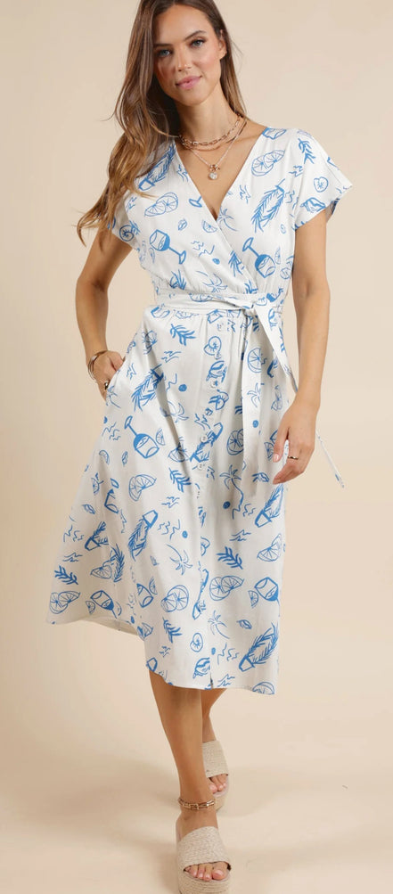 SAGE THE LABEL CITRUS SPLASH SURPLICE BELTED
MIDI DRESS