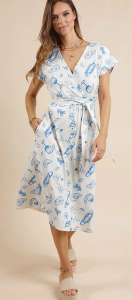 SAGE THE LABEL CITRUS SPLASH SURPLICE BELTED
MIDI DRESS