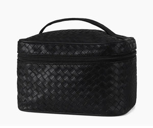 VEGAN LEATHER WOVEN TRAIN CASE-COSMETIC TRAVEL CASE