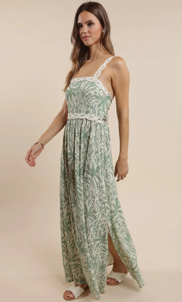 SAGE THE LABEL PALM WHISPERS TIE BACK MAXI DRESS W LACE STRAPS