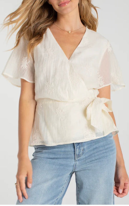 LIVERPOOL SHORT SLEEVE WRAP FRONT WOVEN TOP W/ TIE
