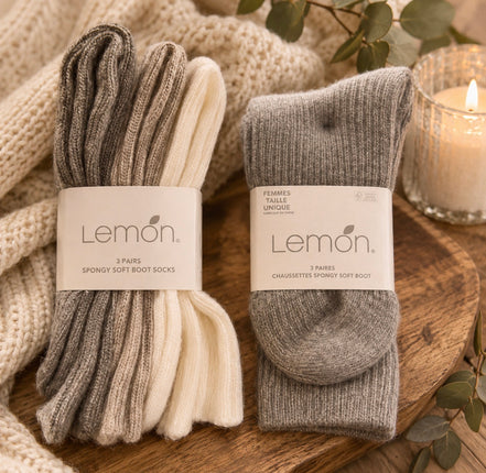 LEMON 3PK RIBBED BOOT SOCK - GREY/WHITE - O/S