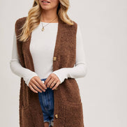 BLUIVY BUTTON DOWN V-NECK TEDDY KNIT LONG LINED VEST