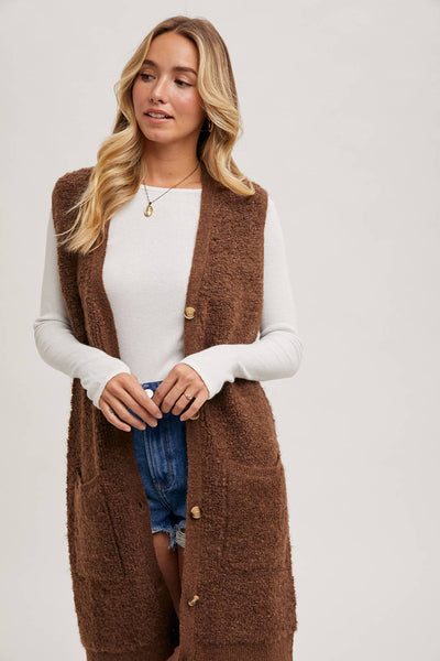 BLUIVY BUTTON DOWN V-NECK TEDDY KNIT LONG LINED VEST