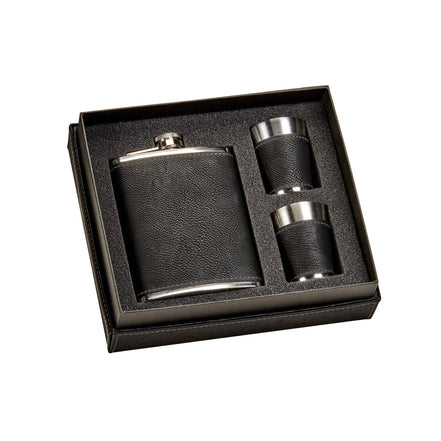 CREATIVE GIFTS Black Leatherette Flask & Stainless Steel Shot Glass Set
