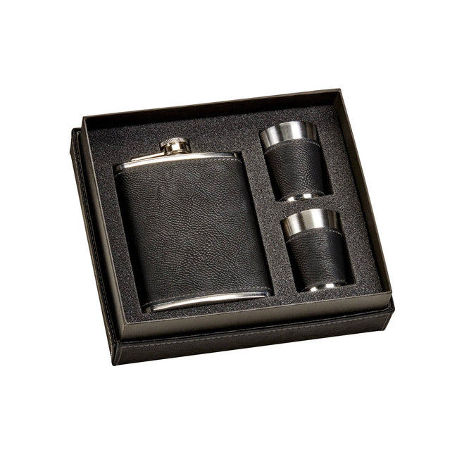 CREATIVE GIFTS Black Leatherette Flask & Stainless Steel Shot Glass Set