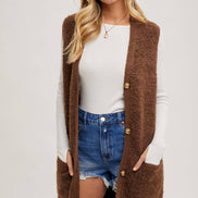 BLUIVY BUTTON DOWN V-NECK TEDDY KNIT LONG LINED VEST