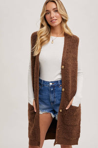 BLUIVY BUTTON DOWN V-NECK TEDDY KNIT LONG LINED VEST