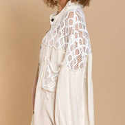 POL Oversize contrast open knit panel detail button down shirt