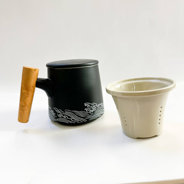 Japanese Wave Ceramic Tea Mug with Infuser & Lid