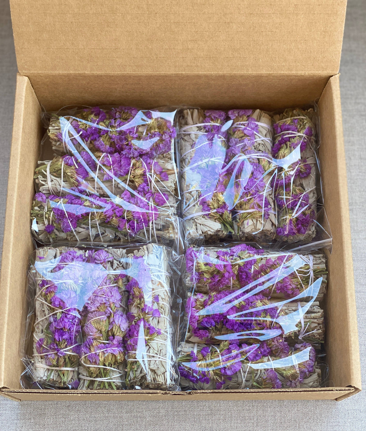 White Sage Smudge Sticks with Purple Flowers in Bulk