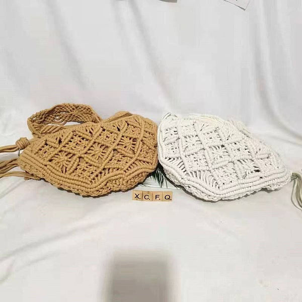 Vintage Cotton Straw Crochet Knitted Crossbody Purse Bag