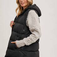 BLUIVY HOODED ZIPPER DOWN LONGLINE PUFFER VEST