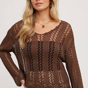 OPEN KNIT V-NECK PULLOVER - Scalloped Hem