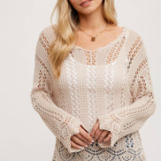 OPEN KNIT V-NECK PULLOVER - Scalloped Hem