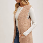 BLUIVY BUTTON DOWN V-NECK TEDDY KNIT LONG LINED VEST