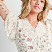 BLUIVY CROCHET BUTTON DOWN RUFFLED SLEEVE TOP