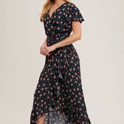 FLORAL PRINT RUFFLED HEM WRAP MAXI DRESS
