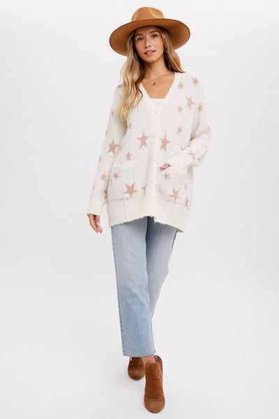 BLUIVY STAR PATTERN BUTTON FRONT CARDIGAN - Dropped Shoulder Design