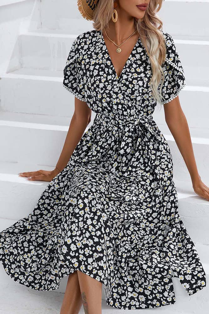 Wrap V Neck Tulip Sleeves Maxi Floral Dress ZZKF1015
