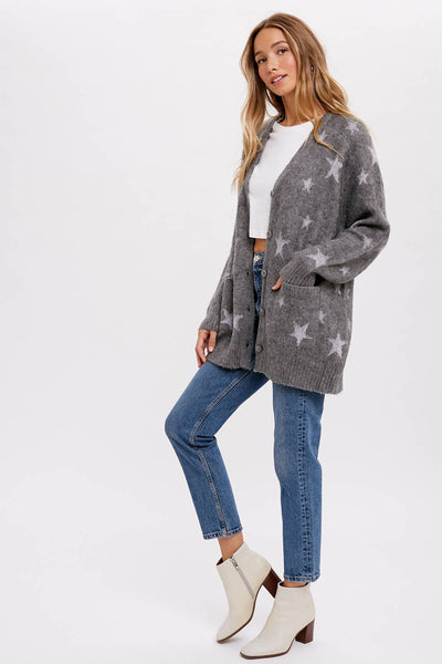 BLUIVY STAR PATTERN BUTTON FRONT CARDIGAN - Dropped Shoulder Design