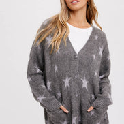 BLUIVY STAR PATTERN BUTTON FRONT CARDIGAN - Dropped Shoulder Design