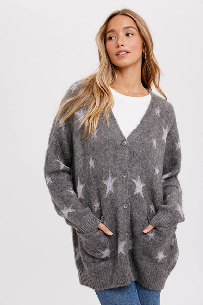 BLUIVY STAR PATTERN BUTTON FRONT CARDIGAN - Dropped Shoulder Design