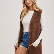 BLUIVY BUTTON DOWN V-NECK TEDDY KNIT LONG LINED VEST