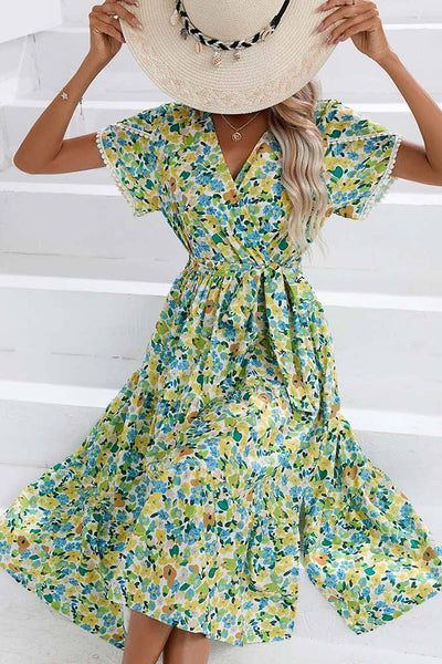 Wrap V Neck Tulip Sleeves Maxi Floral Dress ZZKF1015